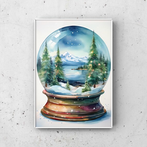 Snow Globe Winter Mountain Lake Scene Watercolor Painting Poster