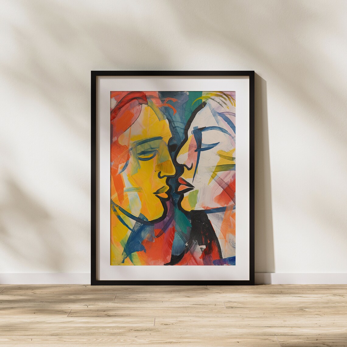 Abstract Watercolor Kiss Of Two Colorful Faces Modern Love Art Poster - Image 2