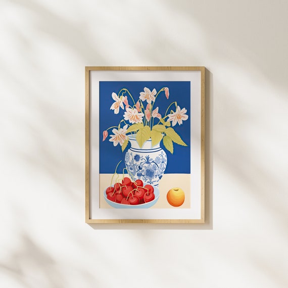 Cherry Blossoms Bloom Nature Painting Modern Art Wall Illustration Unique Vase Cherries Realism
