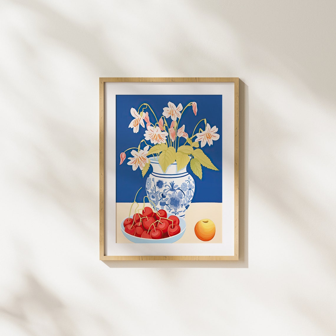 Blue White Porcelain Vase With Cherries Vibrant Still Life Poster