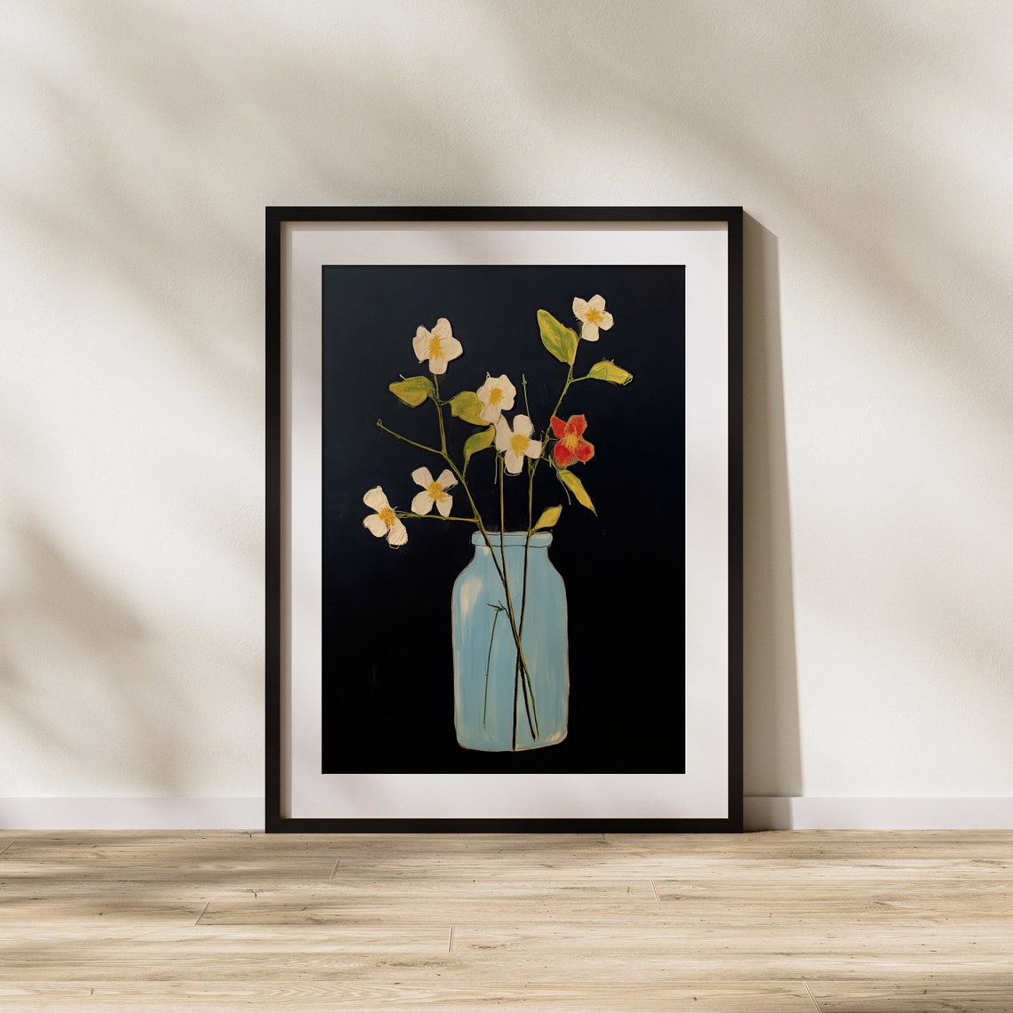 Delicate White Wildflowers In Blue Jar On Dramatic Black Poster - Image 2