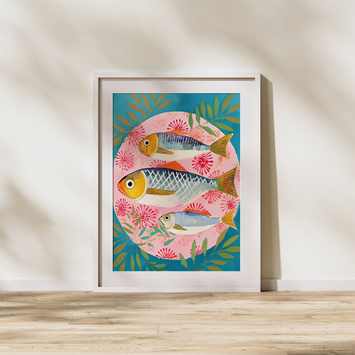 Fish Sardines Dinner Animals Pink Modern Art Plant Illustration Realistic Painting Wall Fun - Image 2