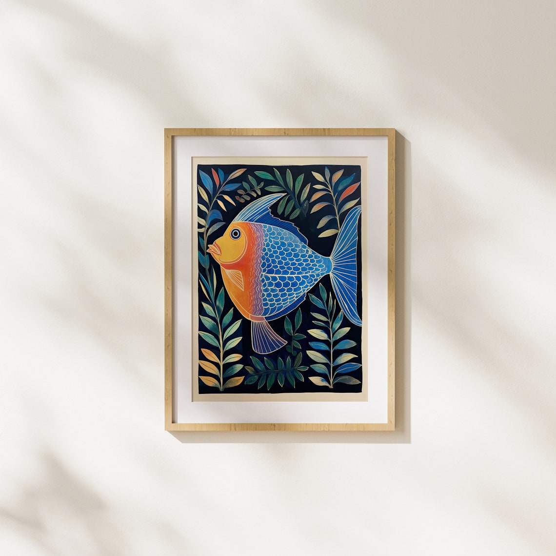 Folk Art Blue Fish with Plants Bold Orange on Dark Navy Poster