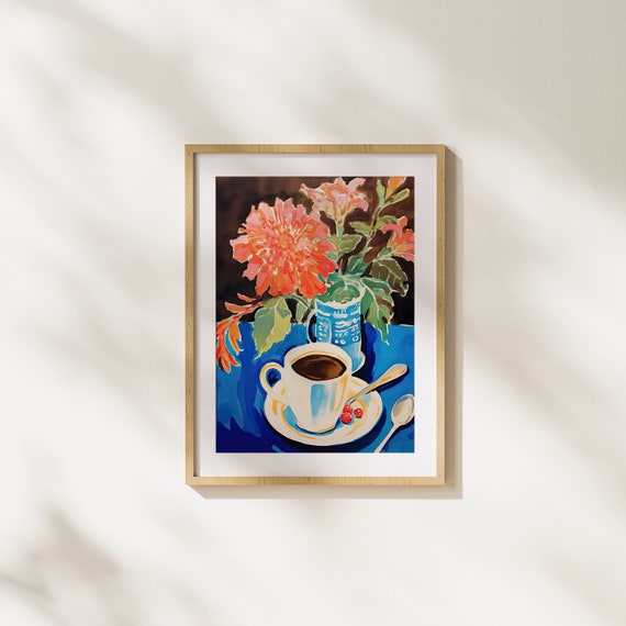 Coffee Cup Of Flowers Painting Watercolor Unique Illustration Modern Art Wall Morning Bloom Plant