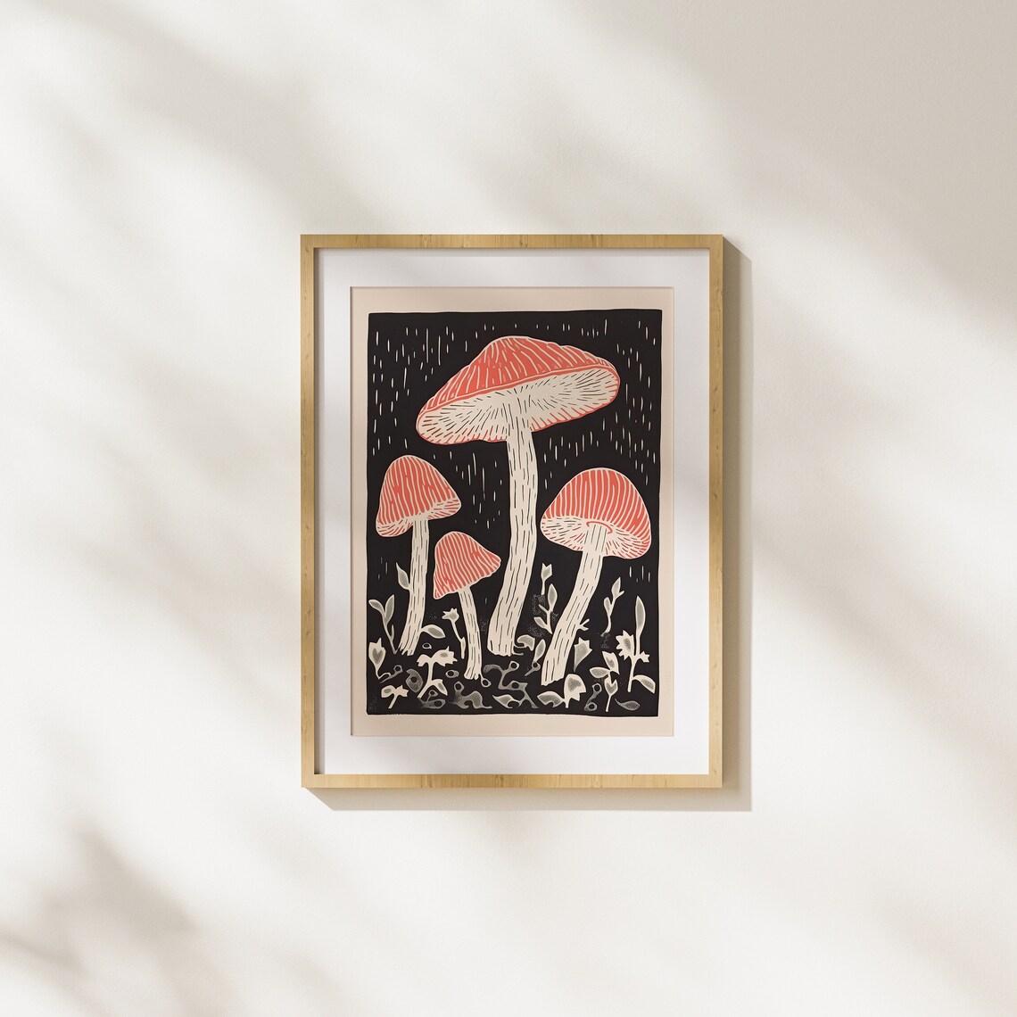 Red Capped Mushrooms In Rain Forest Fungi Woodcut Style Poster