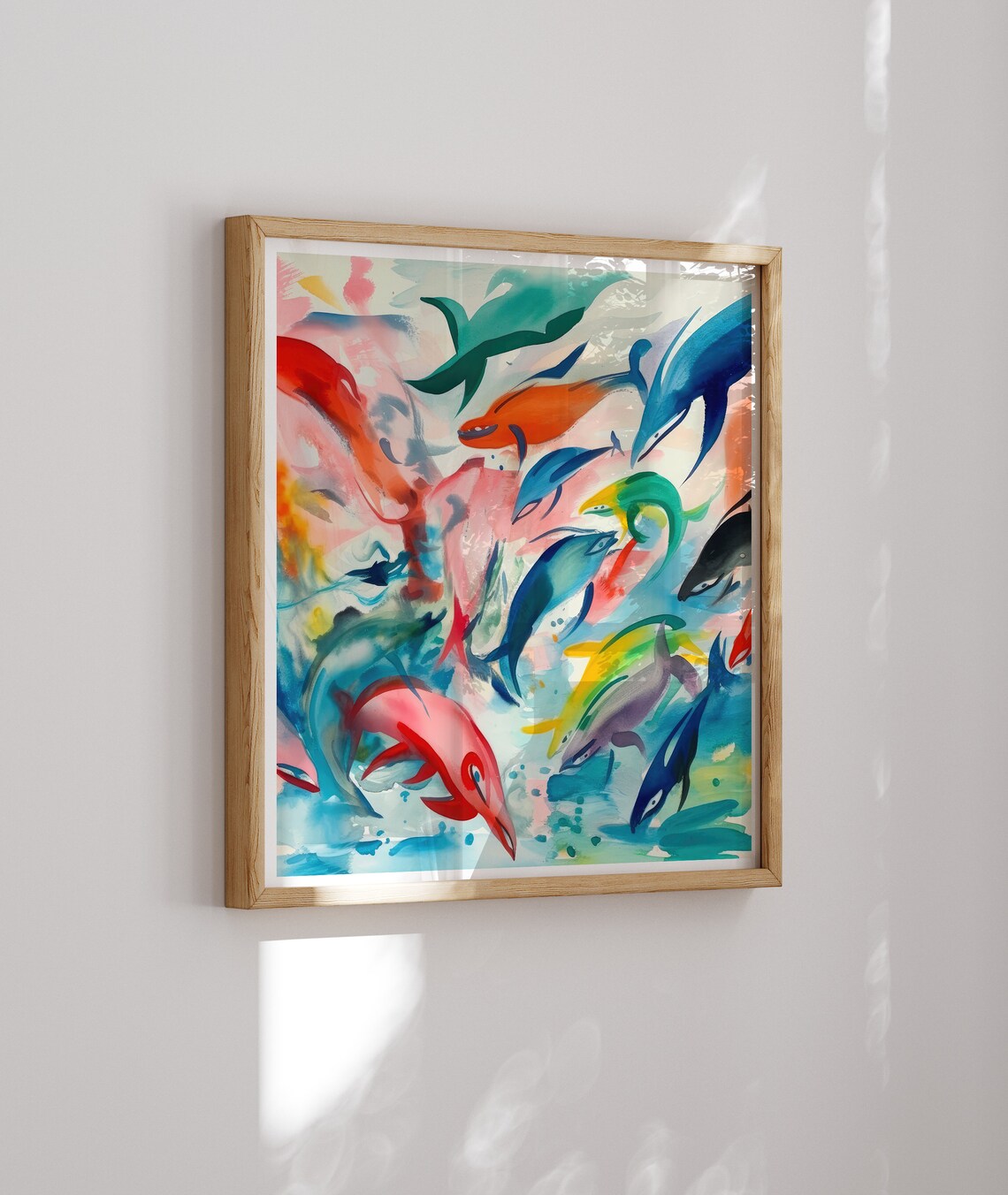 Swimming Dolphins In Vibrant Colors Abstract Underwater Art Poster - Image 2