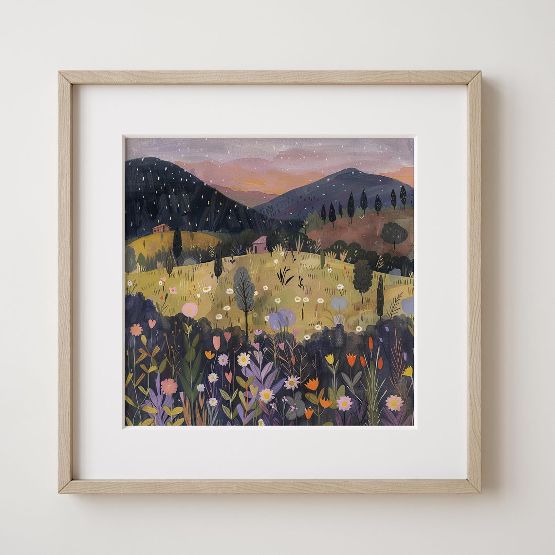 Starlit Night Wildflower Meadow Mountain Landscape Twilight Sky Poster