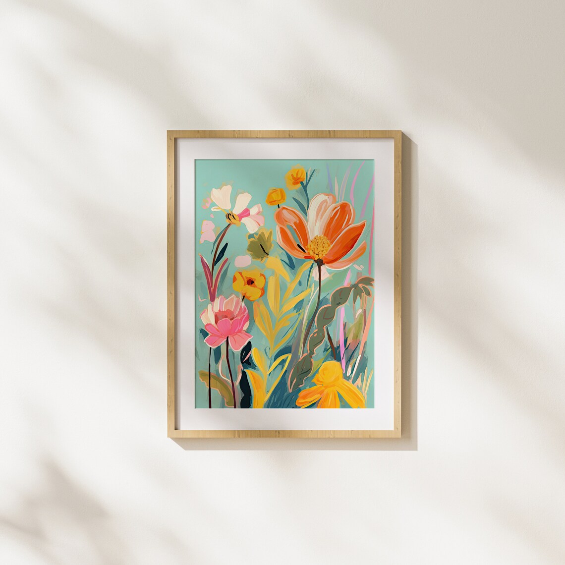 Vibrant Orange And Pink Poppy Blooms On Teal Modern Floral Art Poster