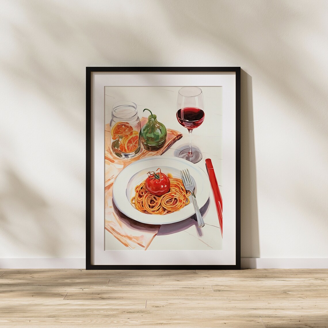 Spaghetti With Fresh Tomato And Red Wine Italian Dinner Watercolor Poster - Image 2