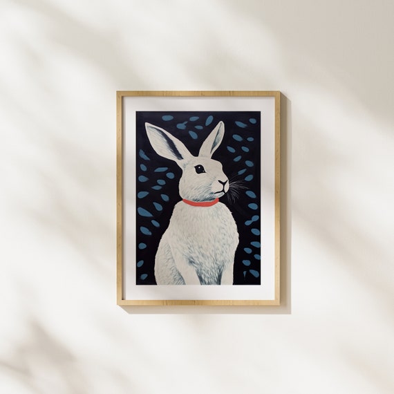 Rabbit White Animal Painting Blue Modern Art Wall Illustration Unique Abstract Portrait