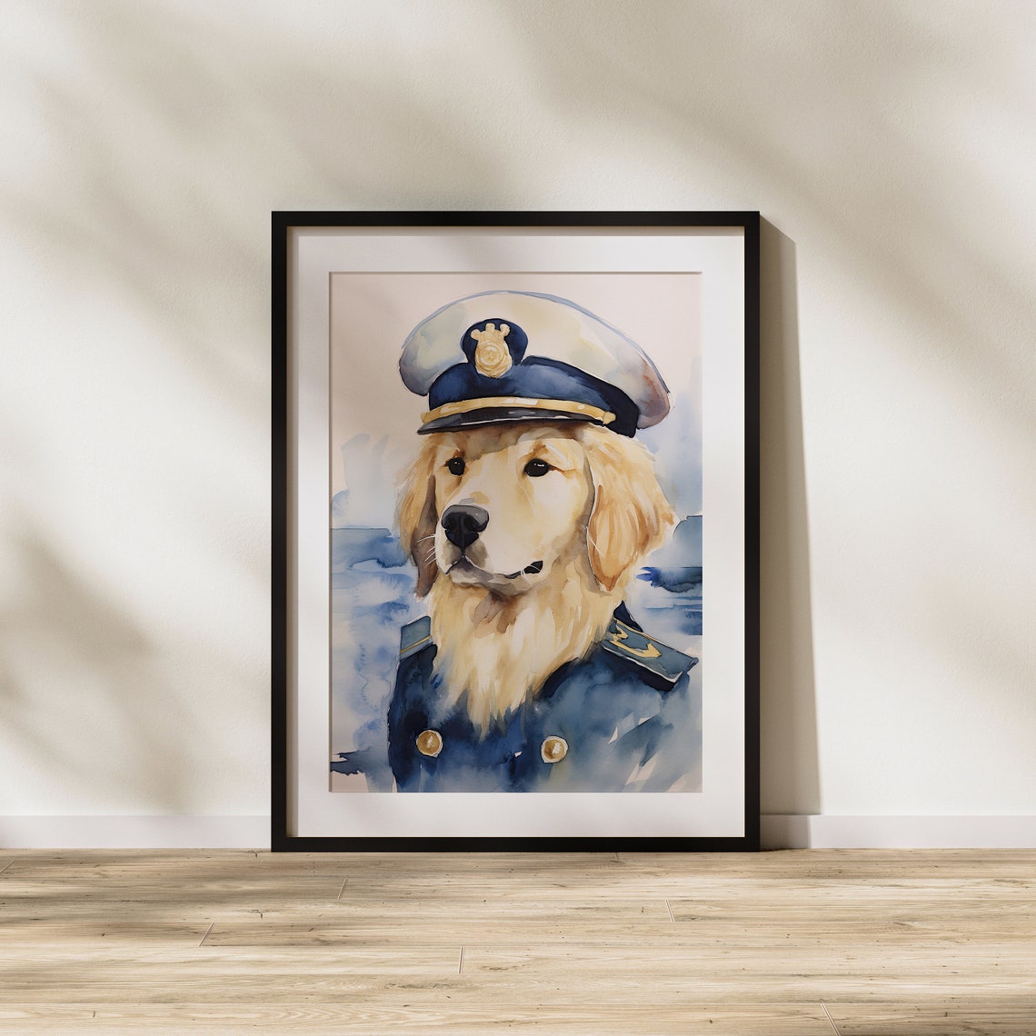 Golden Retriever Captain in Uniform Whimsical Sailor Dog Art Poster - Image 3
