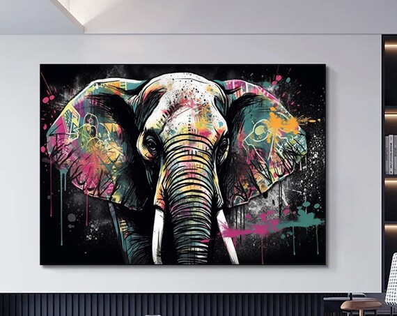 Graffiti Elephant Head Colorful Street Art Black Decor Poster