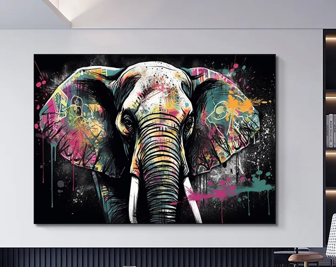 Graffiti Elephant Head Colorful Street Art Black Decor Poster