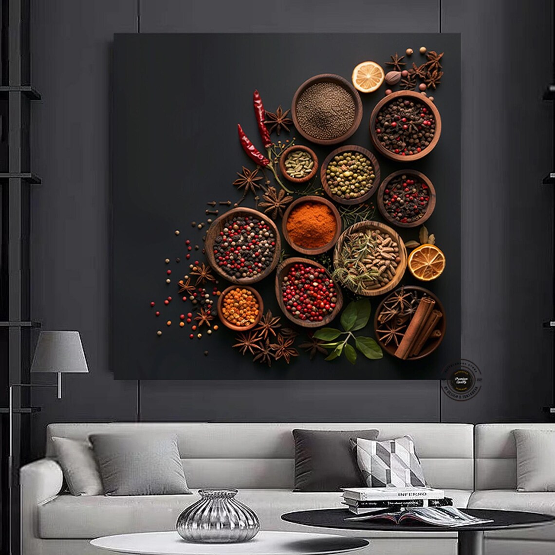Spice Market Wooden Bowls Black Background Kitchen Art Poster