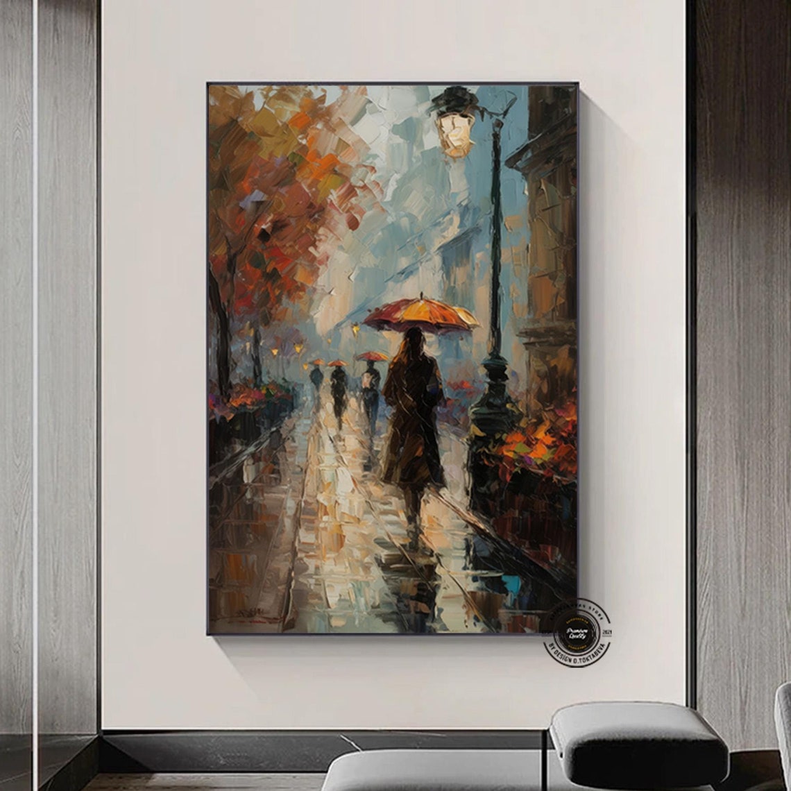 Rainy City Street Red Umbrella Impressionist Painting Poster