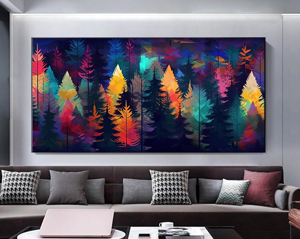 Bold Colorful Geometric Forest Night Neon Trees Abstract Poster