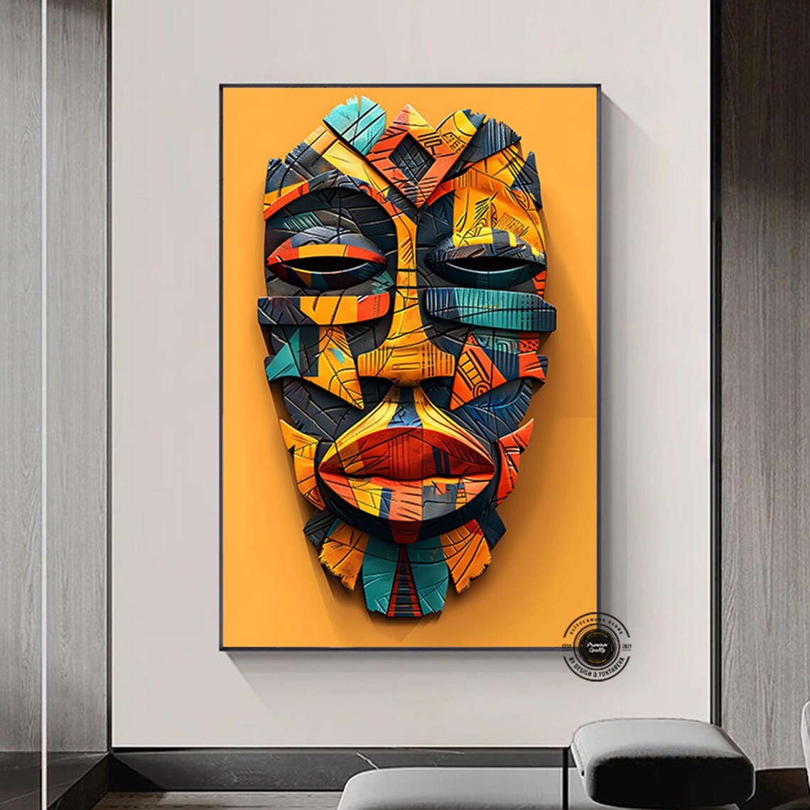 Colorful African Tribal Mask Bold Orange Mosaic Style Poster