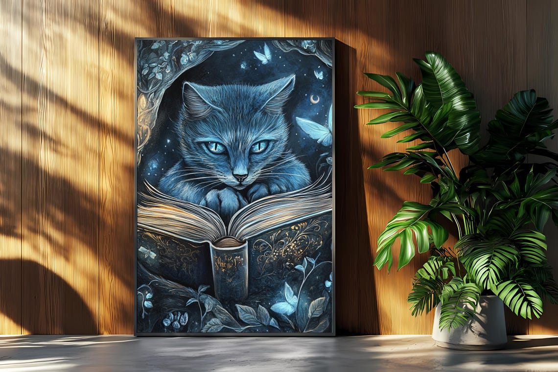 Mystical Blue Cat Reading an Enchanted Book Under Moonlight Poster