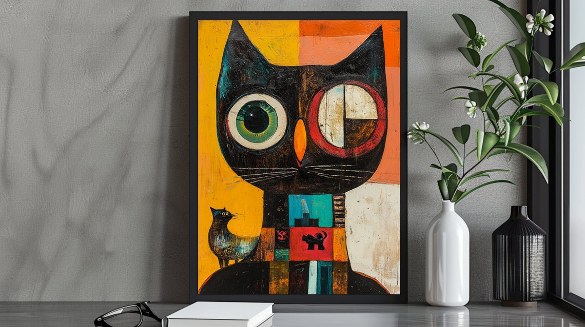 Abstract Cat Art Print Quirky Geometric Design Vibrant Modern Decor For Cat Lovers Unique Wall Art