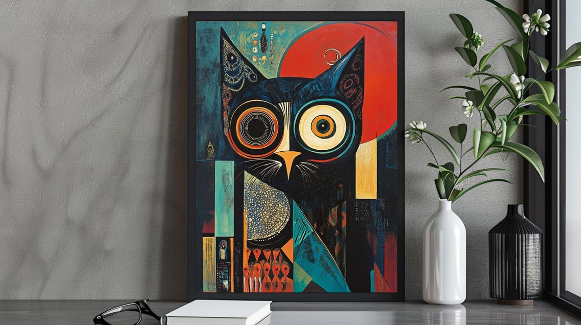 Geometric Black Cat Owl Hybrid Face Teal and Orange Pop Art Poster
