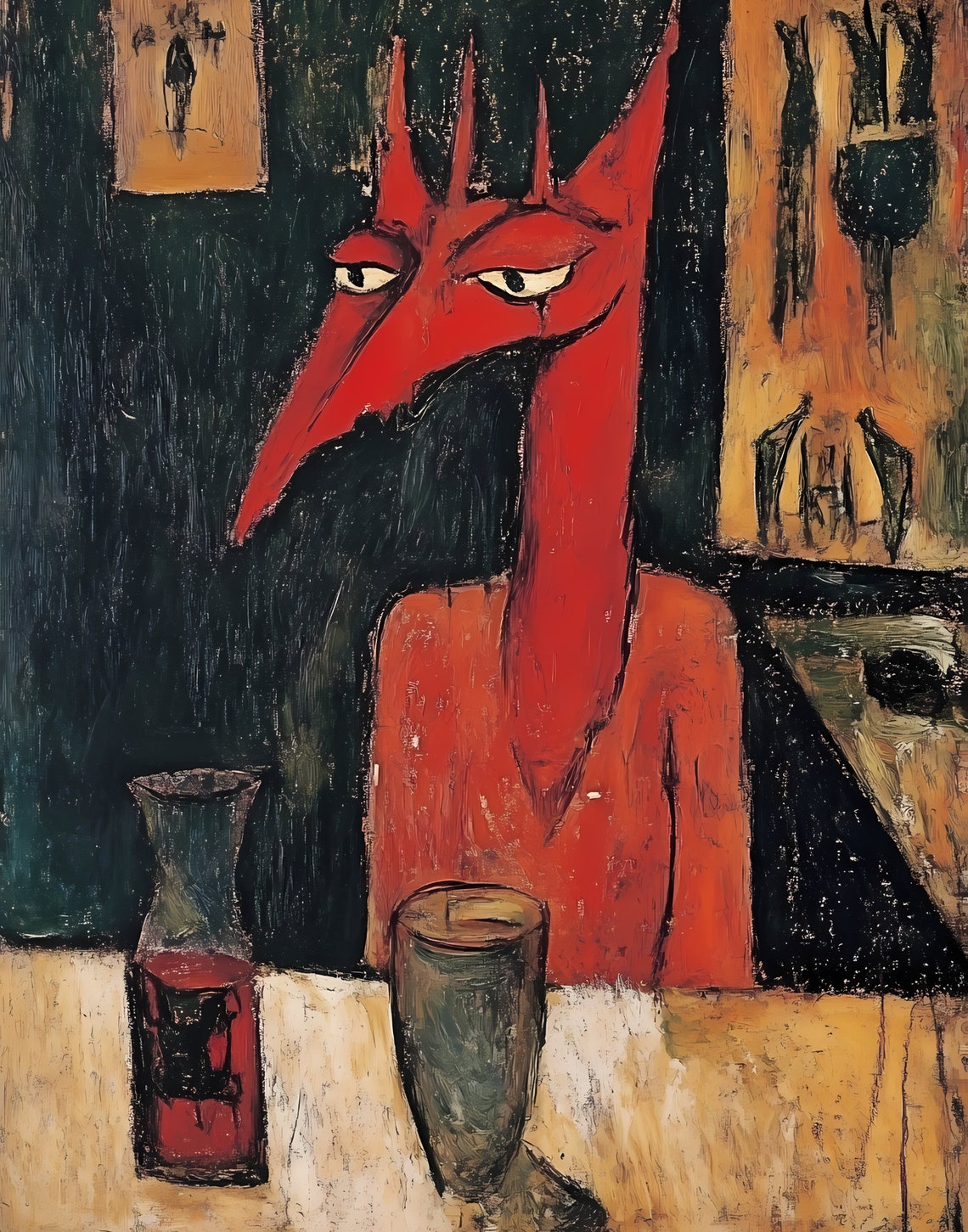 Surreal Red Fox Creature at Table Bold Expressionist Animal Art Poster - Image 2
