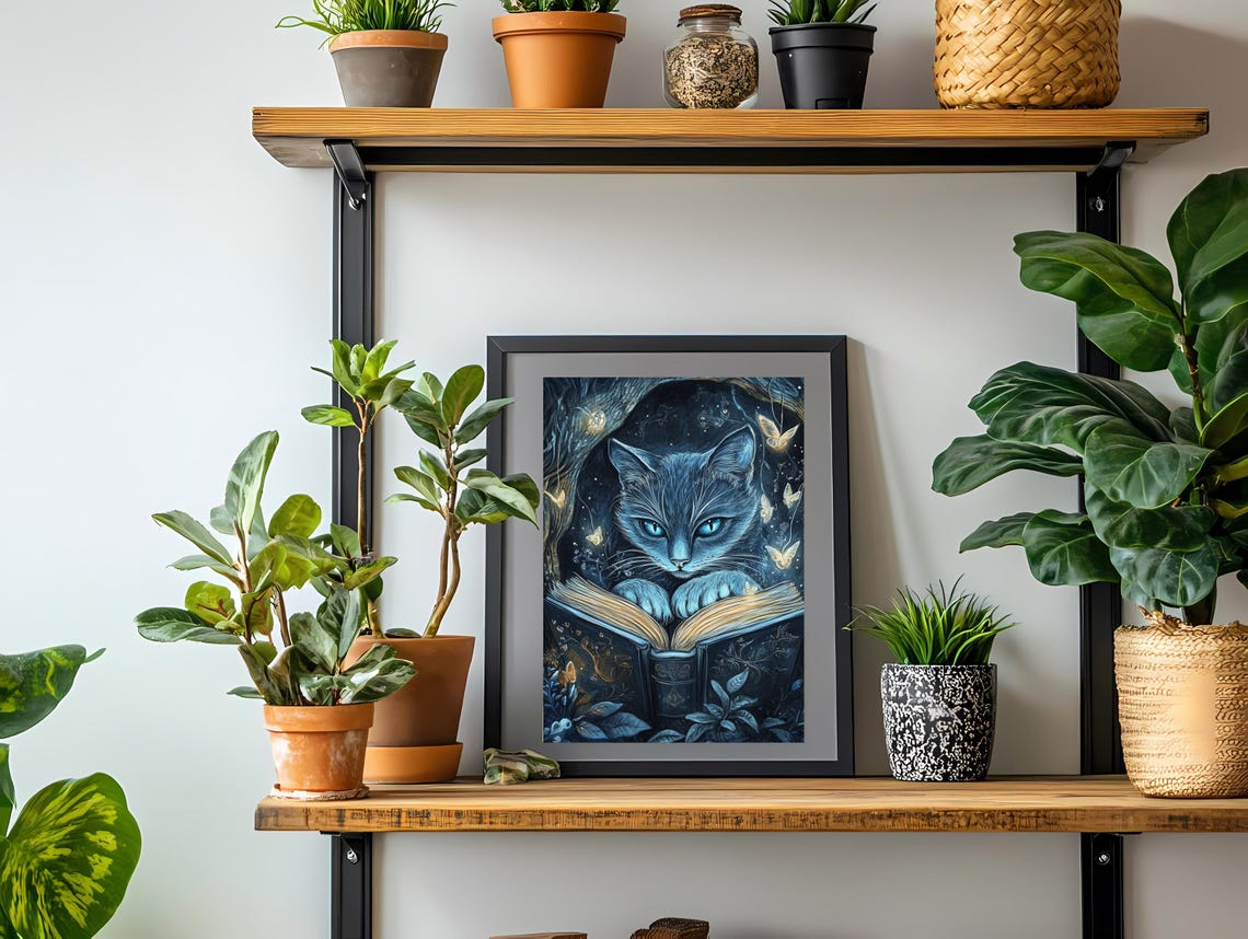 Enchanting Blue Cat with a Glowing Book and Golden Butterflies Poster - Image 3