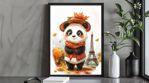 Cute Autumn Panda Illustration Paris Wall Art Fall Animal Decor Whimsical Nursery Print Instant Artwork