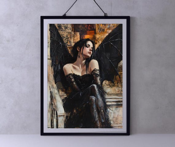 Dark Angel Art Gothic Woman With Black Wings Mysterious Wall Decor Gift For Fantasy Lovers
