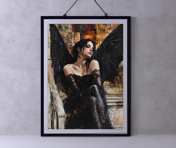 Dark Angel Woman With Black Bat Wings Gothic Romance Art Poster