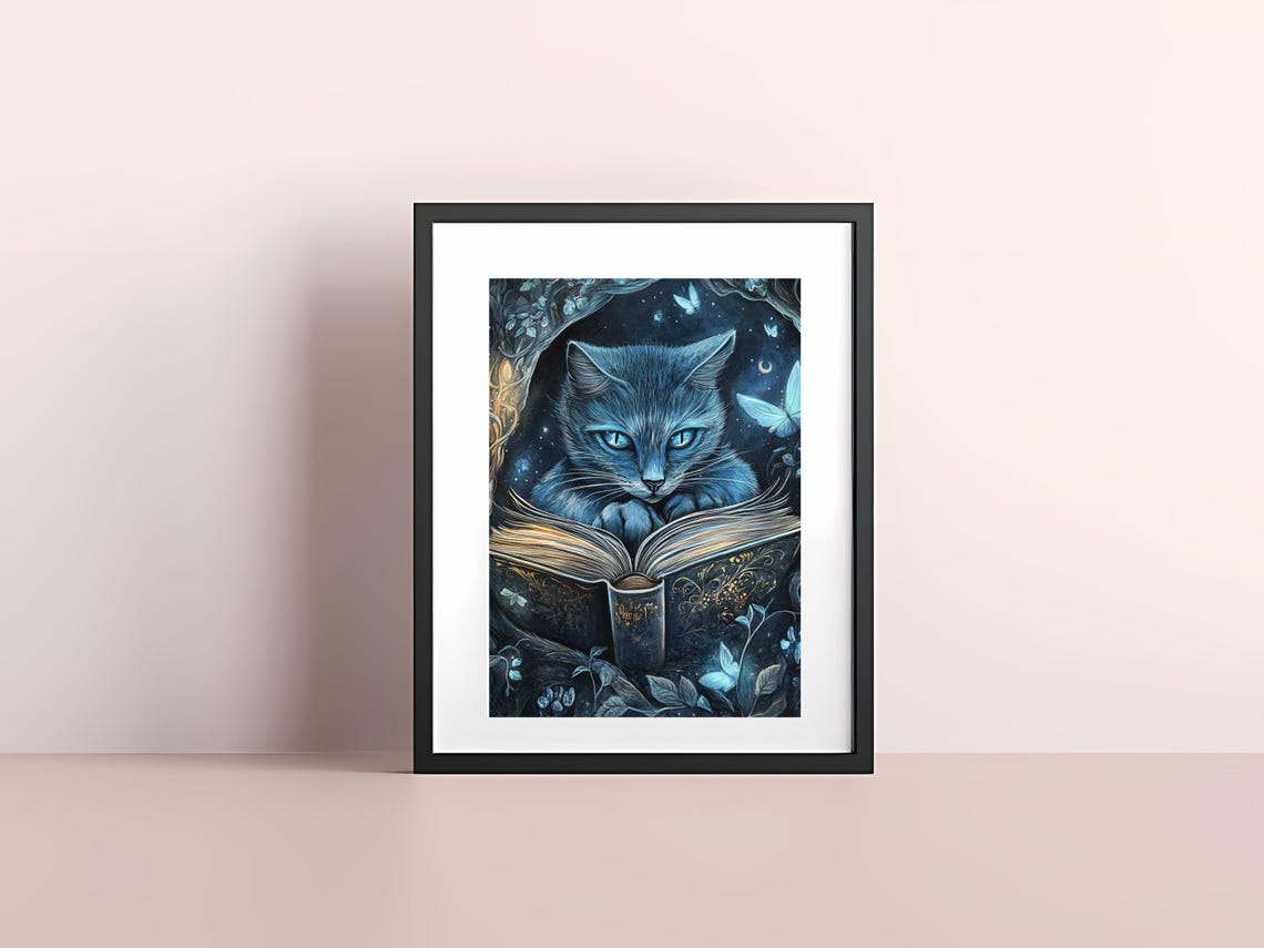 Mystical Blue Cat Reading an Enchanted Book Under Moonlight Poster - Image 4