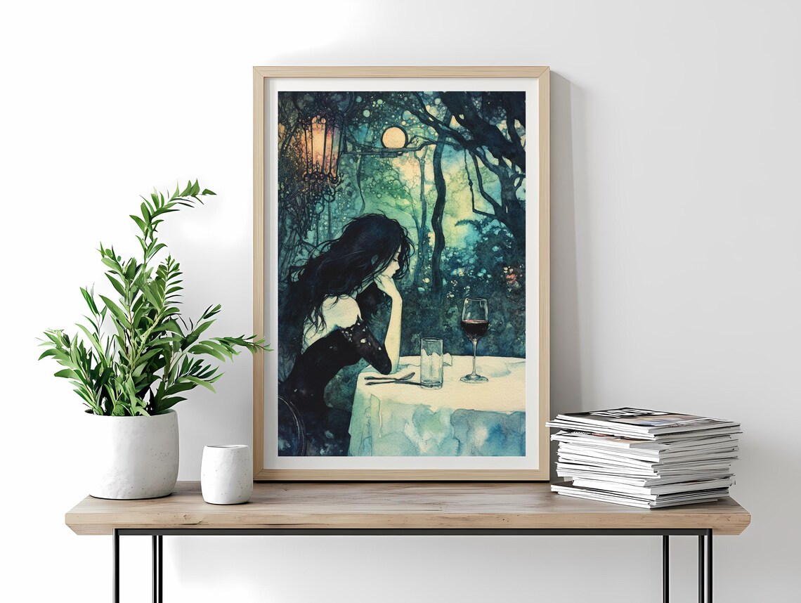 Melancholy Woman with a Glass of Wine at a Moonlit Forest Table Poster