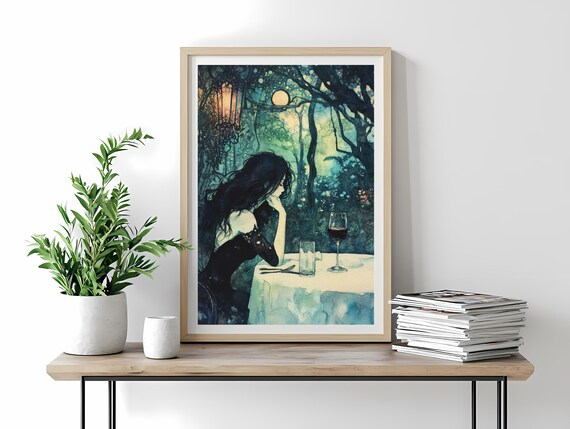 Melancholy Woman with a Glass of Wine at a Moonlit Forest Table Poster