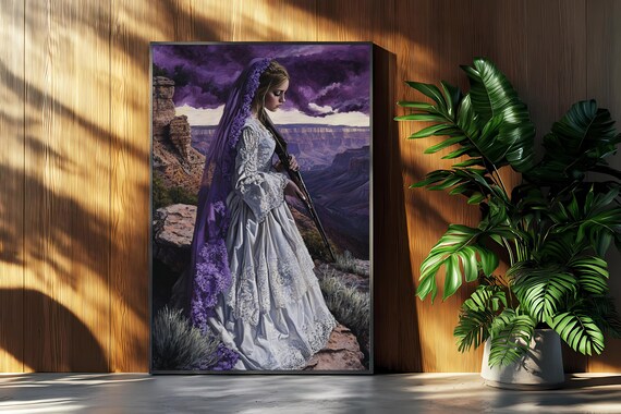 Unique Bride Rifle Canyon Wedding Dress Purple Veil Surreal Art Poster