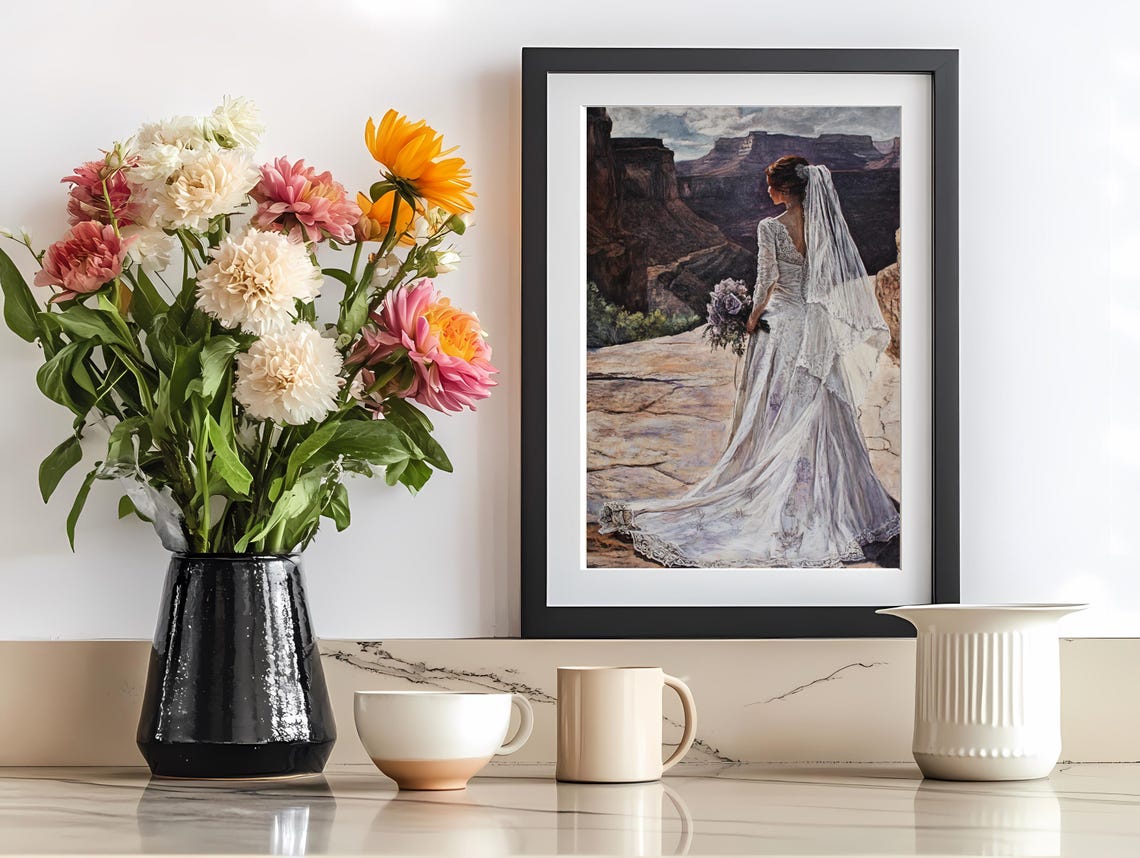 Elegant Bride in a Flowing White Dress at a Canyon Overlook Poster - Image 2