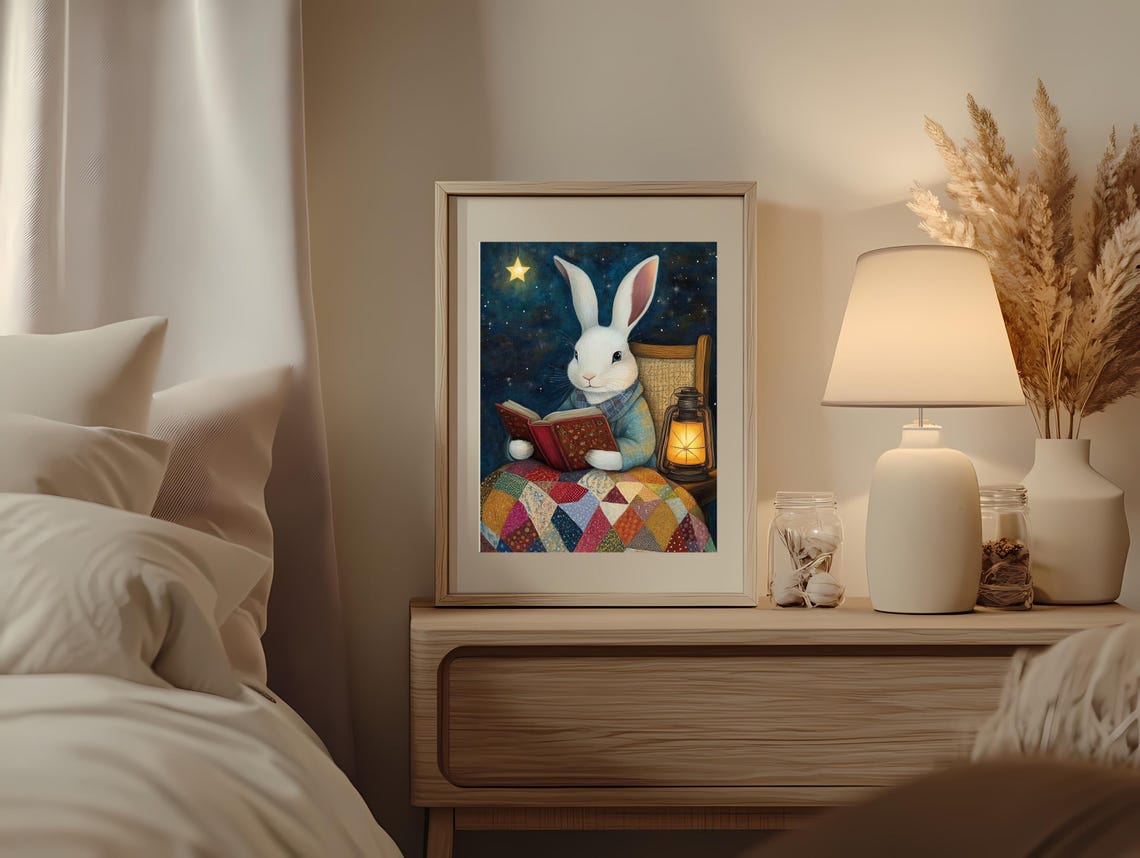 Whimsical White Bunny Reading Under a Starry Night Sky Poster - Image 2