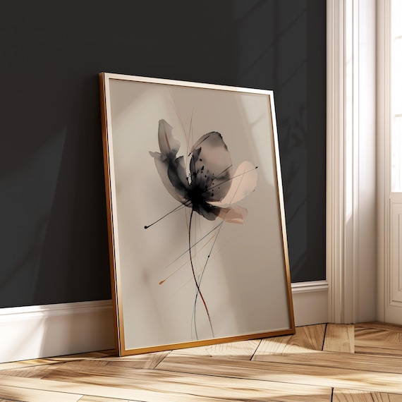 Abstract Ink Wash Flower Black Gray Minimalist Neutral Wall Art