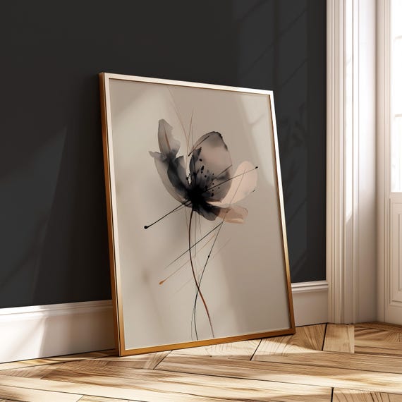 Abstract Watercolor Flower Minimalist Ink Floral Art Print Neutral Beige Wall Modern Botanical Poster For Instant