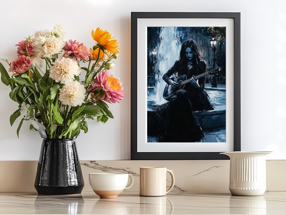 Gothic Woman Playing Guitar, Night Fountain Art Print