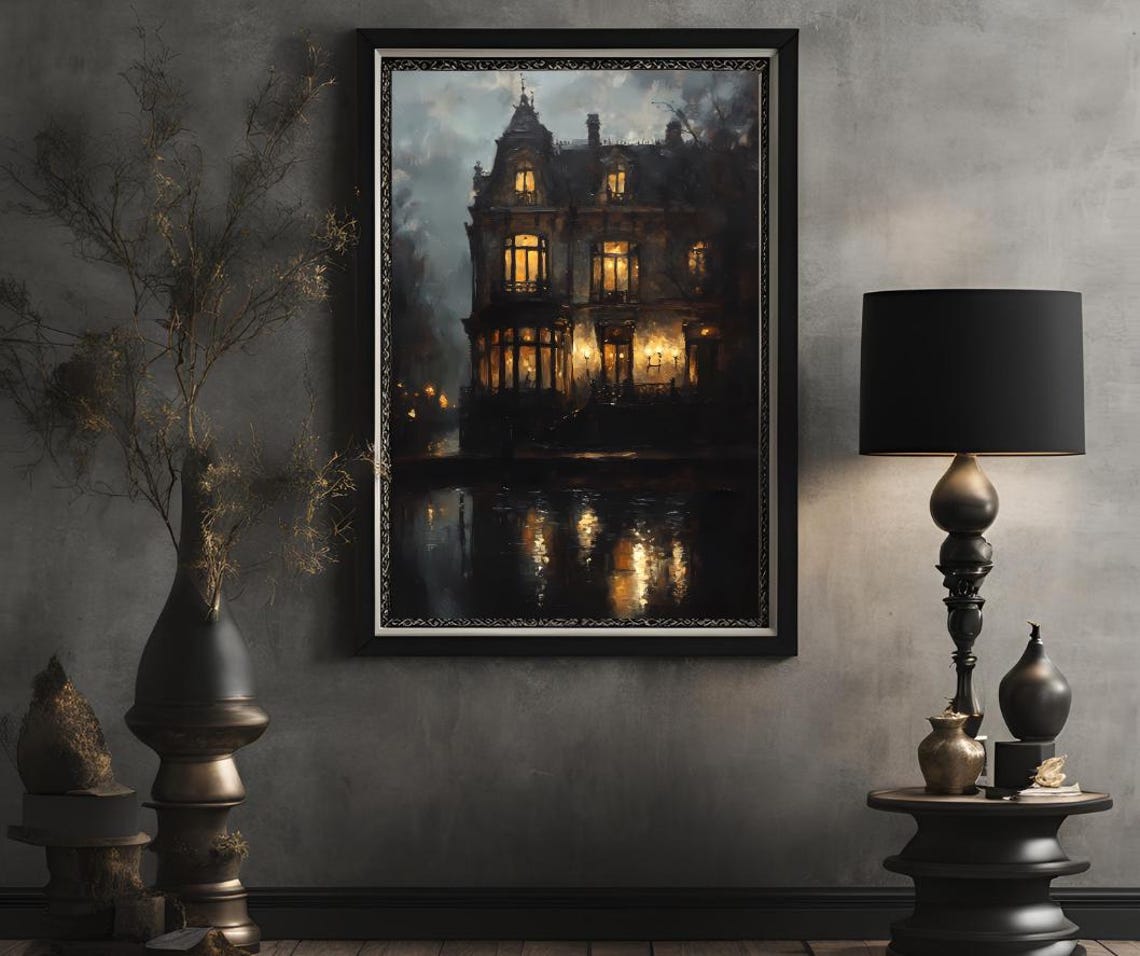 Moody Victorian Mansion at Night with Lit Windows Reflection Poster - Image 2