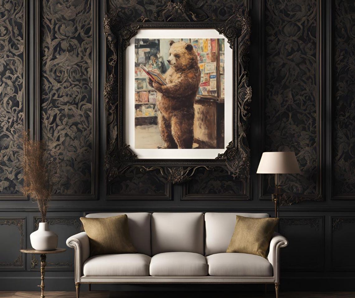 Whimsical Bear Reading Bookstore Vintage Book Lover Gift Art Poster - Image 2