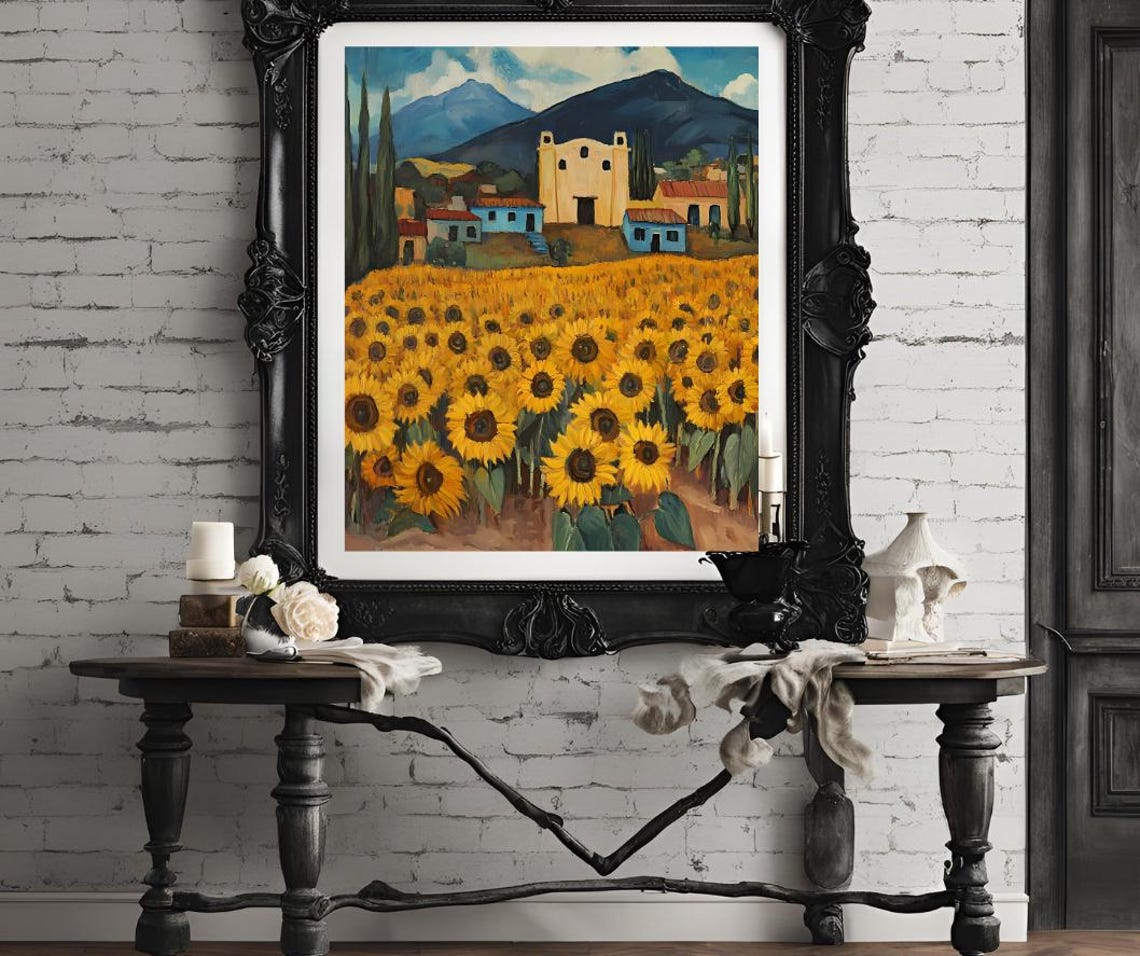 Rustic Sunflower Field With Village and Mountains Painting Poster - Image 4