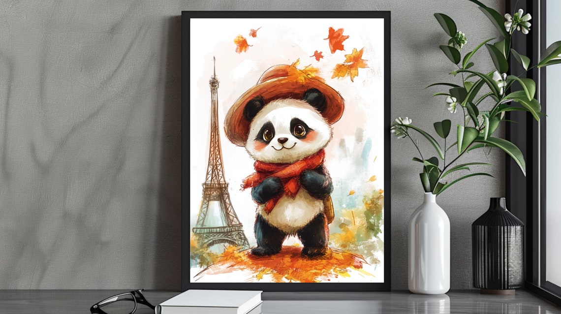 Autumn Panda Paris Watercolor Eiffel Tower Cute Fall Animal Poster