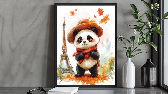 Autumn Panda In Paris Illustration Cute Fall Animal Art Print Wall Decor