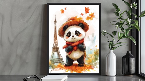 Autumn Panda Paris Watercolor Eiffel Tower Cute Fall Animal Poster