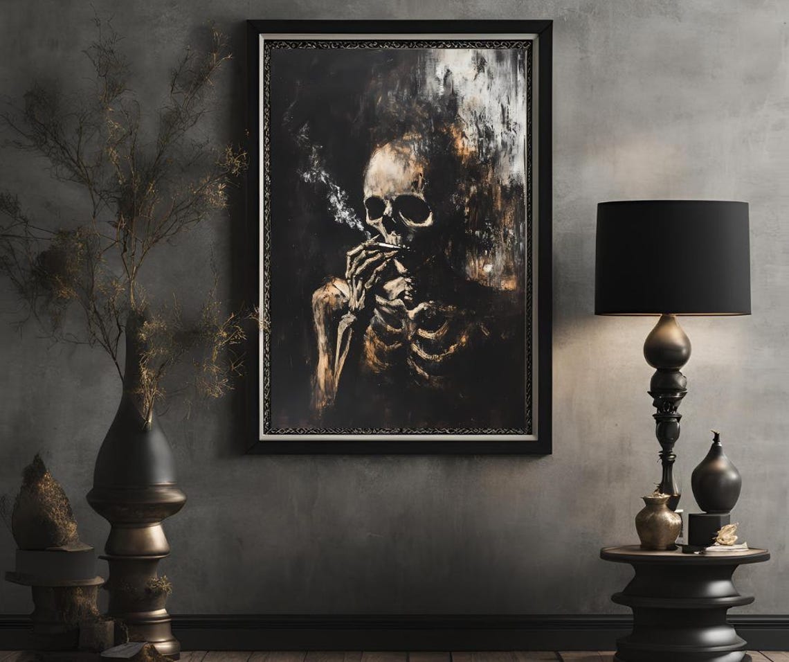 Van Gogh Print Skull Of A Skeleton With Burning Cigarette Moody Dark Academia Print Dark Wall Art Skull Art Print Gothic Wall Art - Image 2