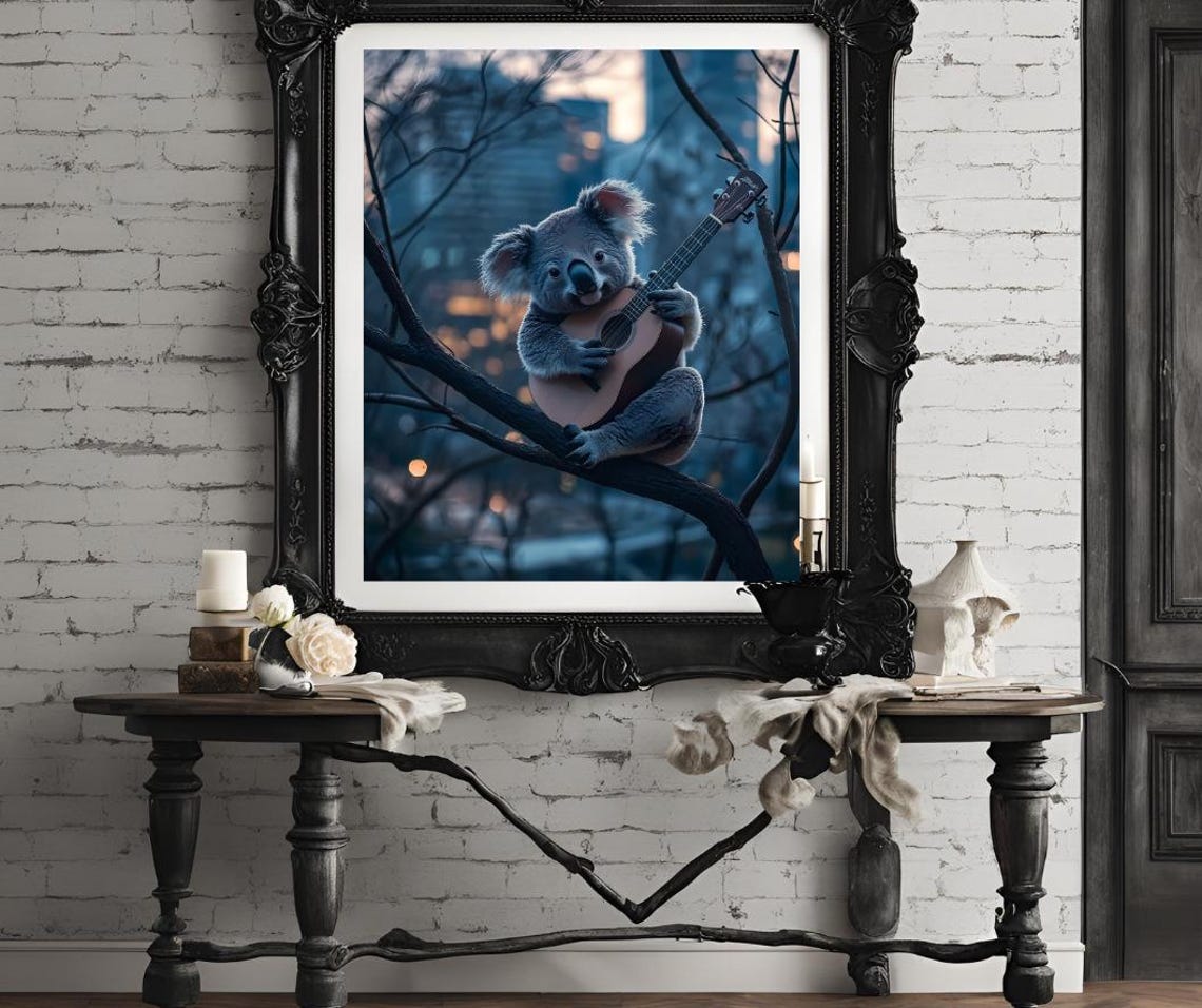 Koala Playing Guitar On Branch Night City Funny Animal Poster - Image 4