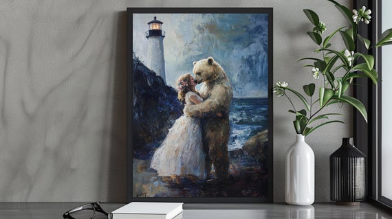 Romantic Bear And Bride Art Print Whimsical Love Scene Lighthouse Wedding Decor Unique Romantic Gift