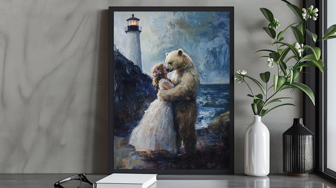Bear Kissing Bride by Moonlit Lighthouse Romantic Oil Painting Poster
