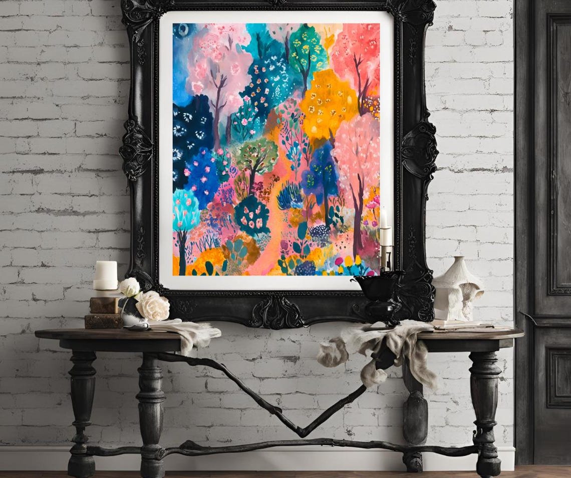 Colorful Whimsical Botanical Forest in Pink Teal Orange Art Poster - Image 4
