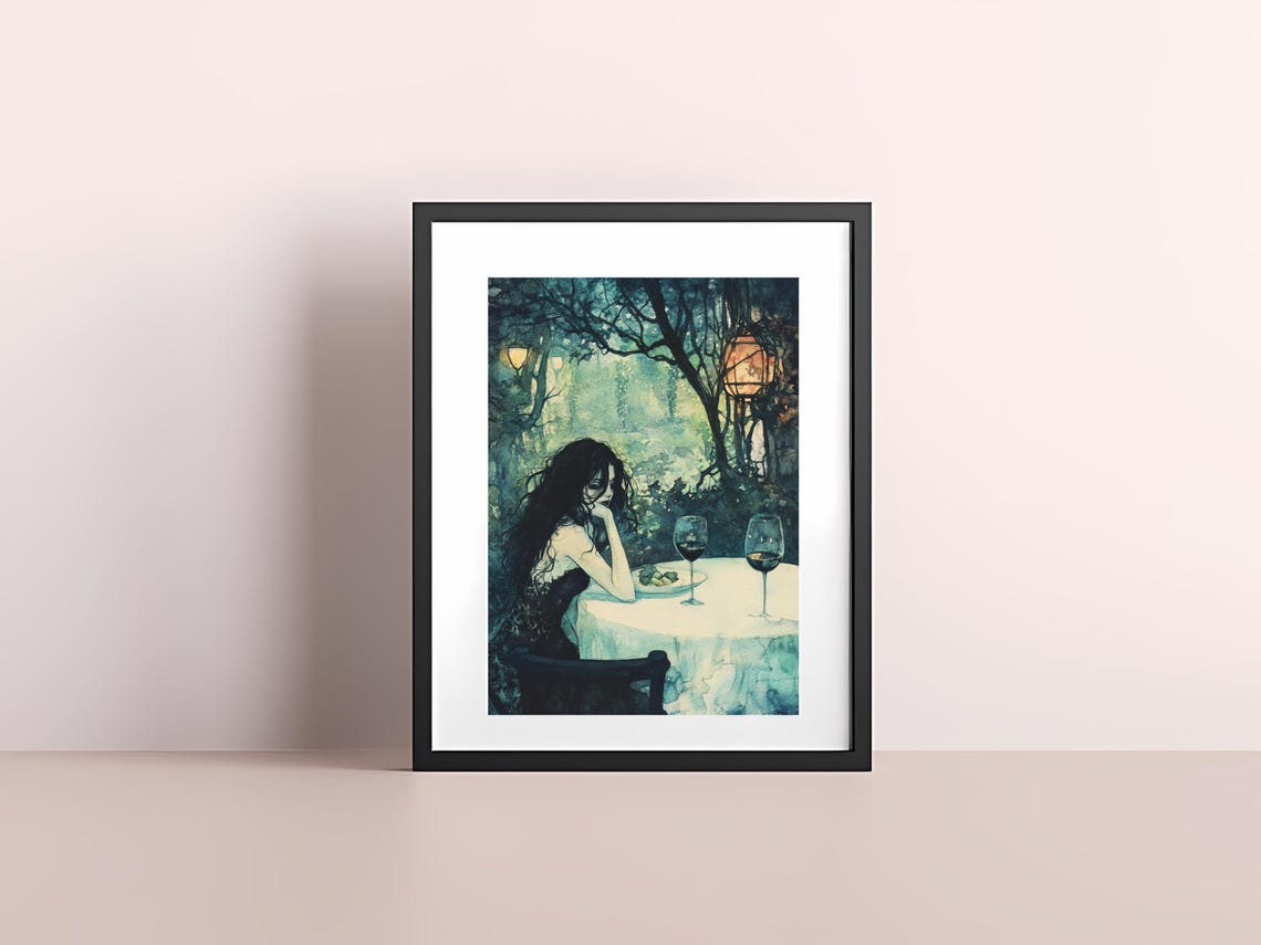 Romantic Woman Dining Alone Lantern Lit Garden Night Art Poster - Image 4